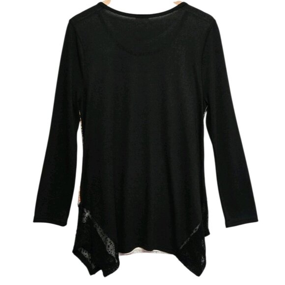 Flew De Lis Womens Large Black Knit  Forest Print Tunic Top Stretch Artsy Boho - Picture 3 of 8